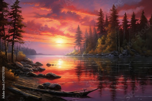 Painting of a peaceful lake scene with a glowing sunset and reflections on the water