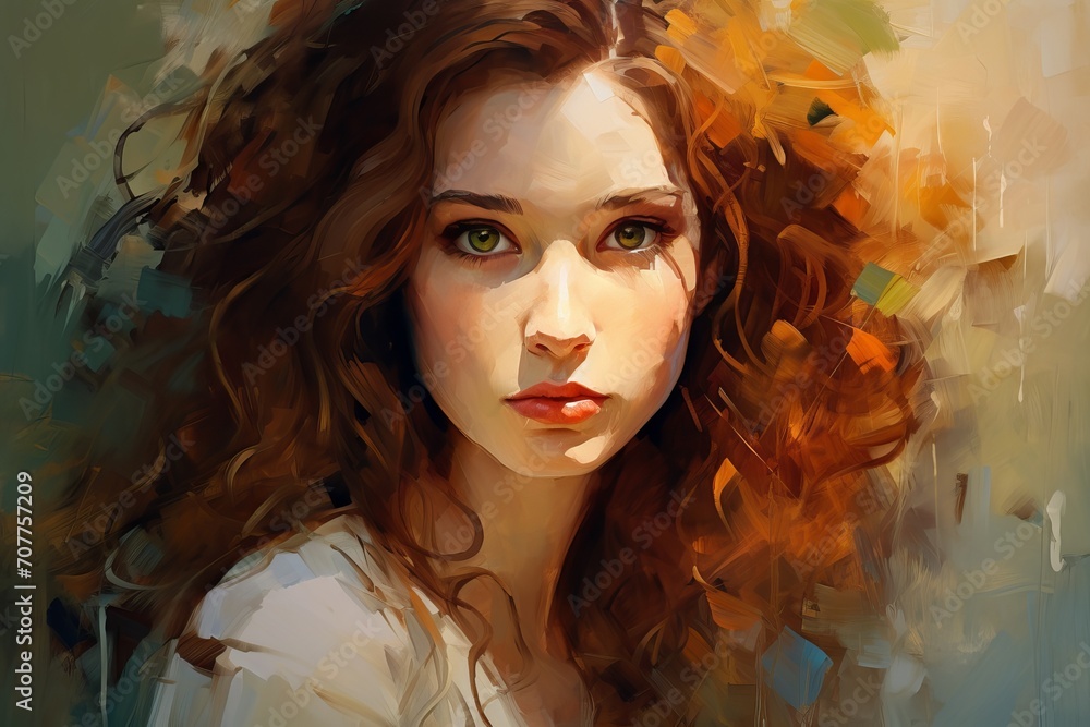 Curly-haired girl in a dreamy mood. Oil painting with palette knife and brush strokes.