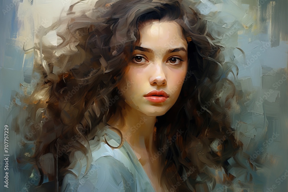 Curly-haired girl in a dreamy mood. Oil painting with palette knife and brush strokes.
