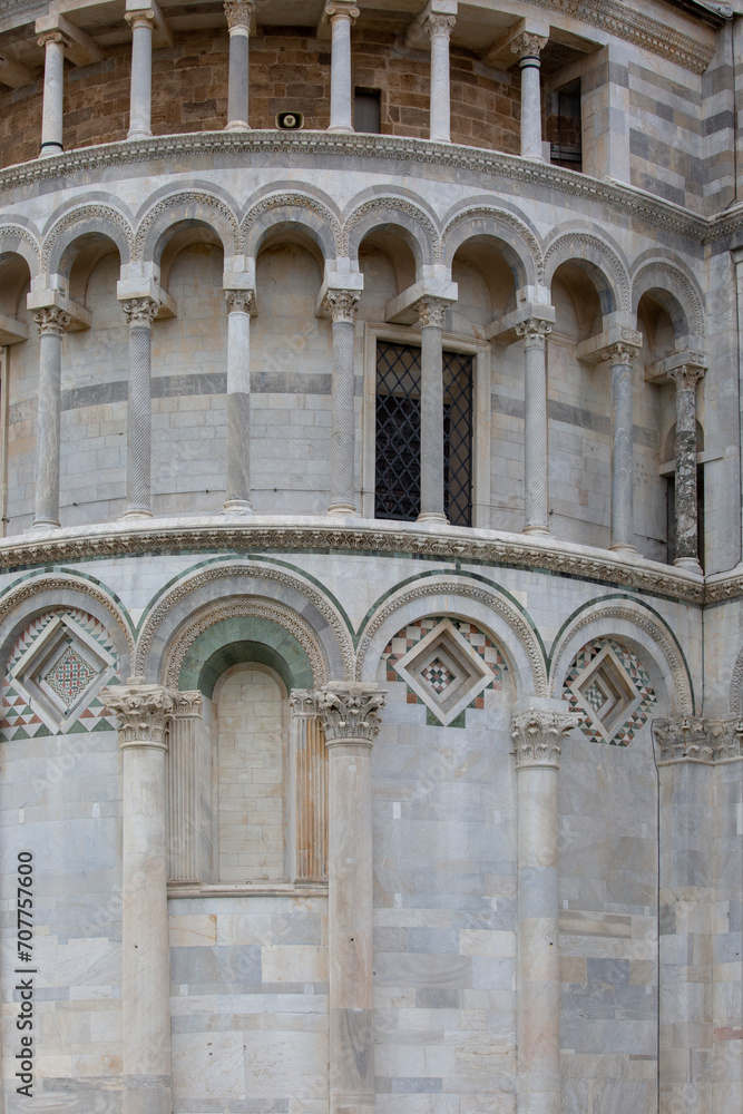 Facade of romanesque Pisa Cathedral, Duomo Square of Pisa, Pisa, Italy
