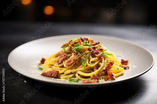 carbonara with crispy bacon strips on top  close-up  dark background