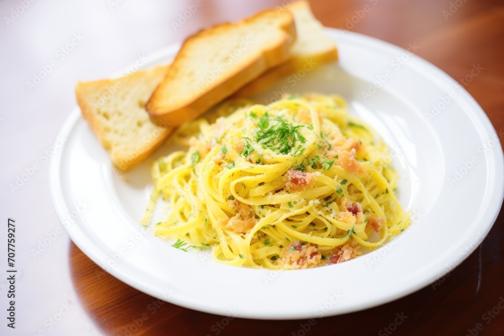 cooked spaghetti carbonara with a side of garlic bread