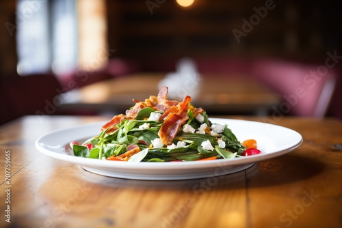 spinach salad with crispy bacon and goat cheese on rustic wood