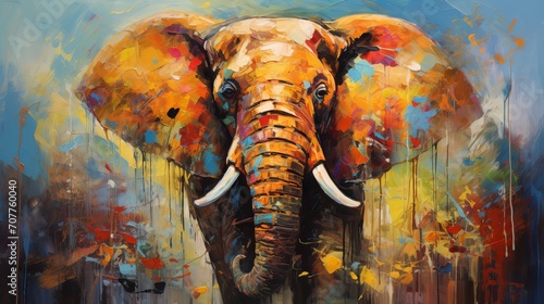 The painted elephant in oil on canvas. Contemporary painting. Textured paint strokes. © Ameer