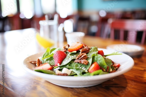 spinach strawberry salad, roasted pecans, crumbled cheese