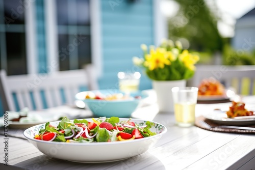 bright outdoor setting, spinach strawberry salad on table