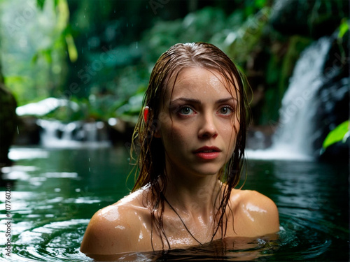 Portrait of young beautiful woman with wet hair and wet skin in tropical waterfall.