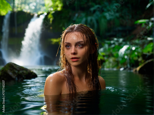 Beautiful young woman bathing in a waterfall in Bali, Indonesia