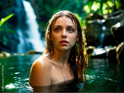 Portrait of a young woman in a natural pool with a waterfall in the background