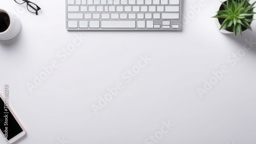 Office business desk, glasses, keyboard, phone, coffee and flower on white desk, top view, free space for text photo