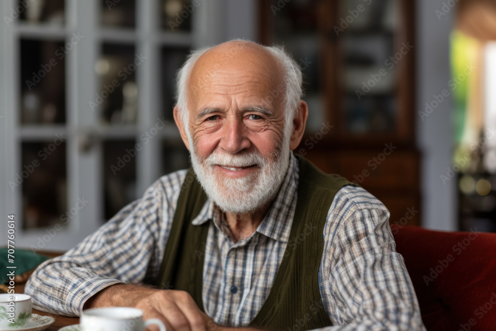 A positive and wise elderly grandpa in a rustic kitchen, enjoying tea with a cheerful expression. A positive and wise elderly grandpa in a rustic kitchen, enjoying tea with a cheerful expression.