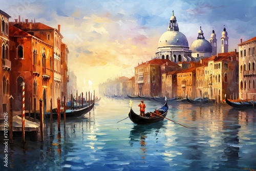 Painting of venice canal with gondolas and colorful buildings in a romantic style © Ameer