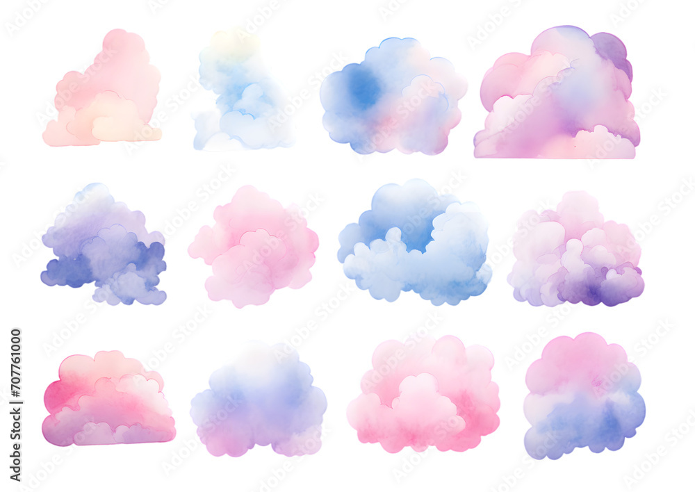 Colorful clouds watercolor collection isolated on transparent background	
