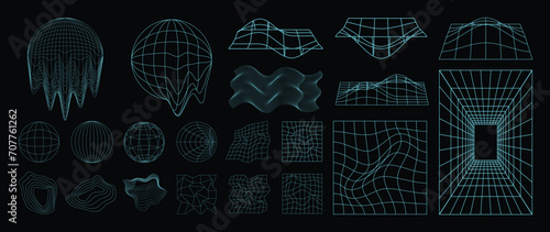 Collection of futuristic cyberpunk style element. Geometric wireframe of circle, earth, distortion, grid with light blue color. Retro graphic on black background for decoration, cover, poster. 
