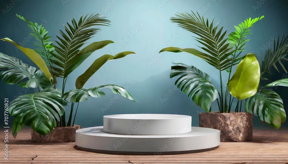 Packaging Prestige: Realistic Podium Background Adorned with Green Plants Packaging Prestige: Realistic Podium Background Adorned with Green Plants