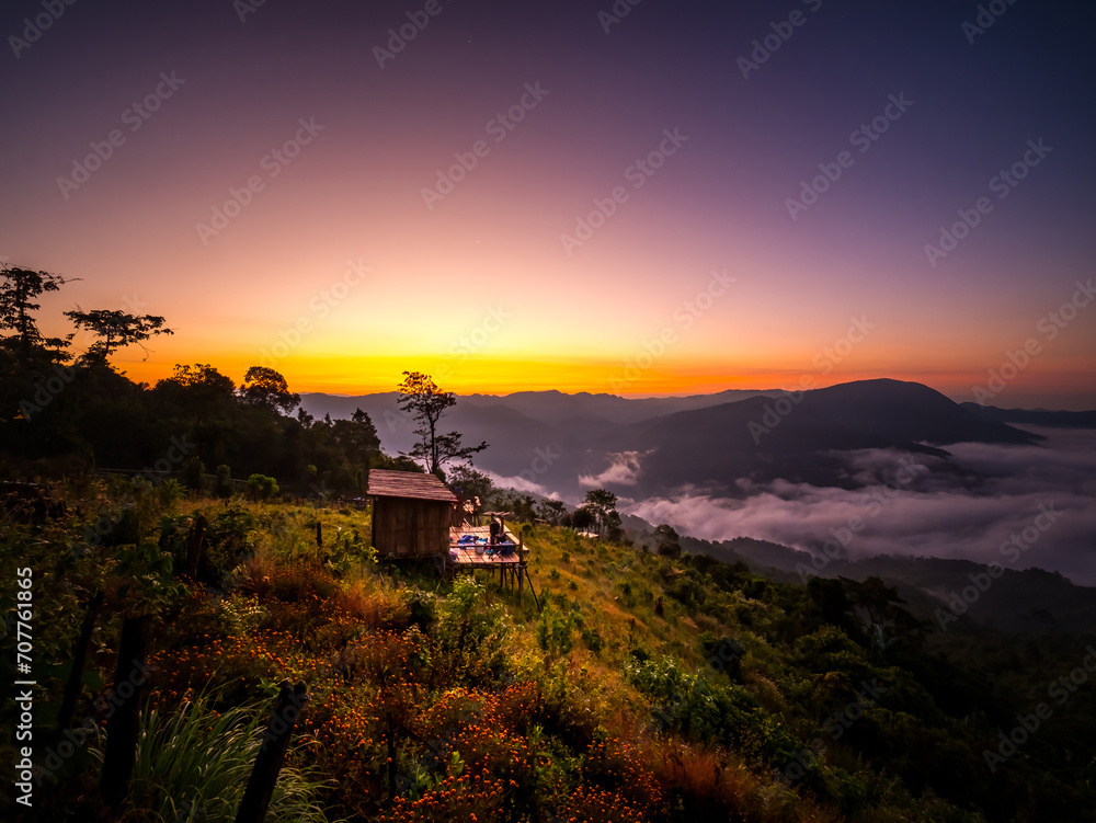 Morning light with the sun rising on the horizon at Baan Thiyaphe, Sop Moei District, Mae Hong Son Province, Thailand