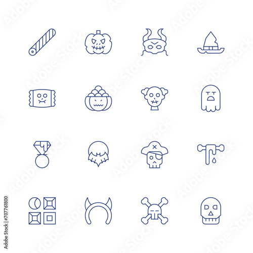 Halloween line icon set on transparent background with editable stroke. Containing halloween candy, halloween photo, devil mask, clown, pirate, skull, witch hat, ghost, bones, pumpkin, bat, devil.