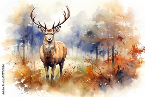 Majestic red deer stag in autumn fall  a watercolor painting capturing the beauty and grandeur of wildlife