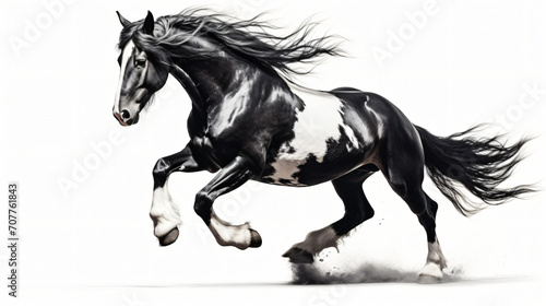 Black and white horse running isolated on white background © Black