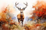 Majestic red deer stag in autumn fall: a watercolor painting capturing the beauty and grandeur of wildlife