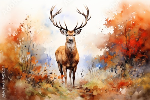 Majestic red deer stag in autumn fall: a watercolor painting capturing the beauty and grandeur of wildlife photo