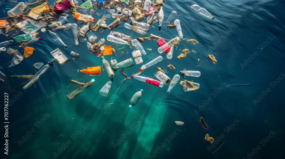 Naklejka premium Plastic garbage floating on the water