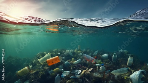 Water polluted with plastic garbage photo