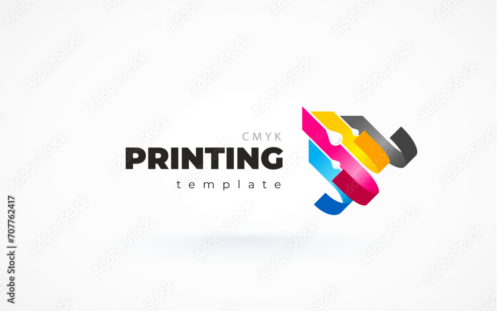 Printing logo. Cmyk ribbon actoins lines stripes and drops ink. Template design vector. Printing logo. Cmyk ribbon actoins lines stripes and drops ink. Template design vector.