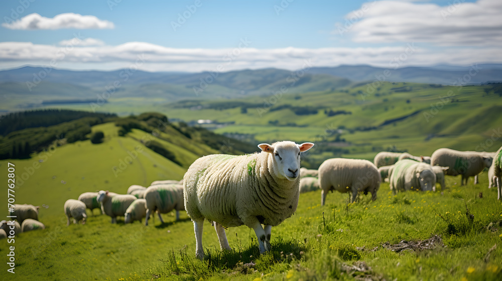 A flock of sheep, with rolling green hills in the distance as the background, during a mild spring afternoon