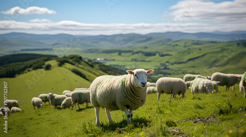 A flock of sheep  with rolling green hills in the distance as the background  during a mild spring afternoon