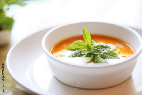 close-up of tomato basil soup with a dollop of sour cream and basil sprig