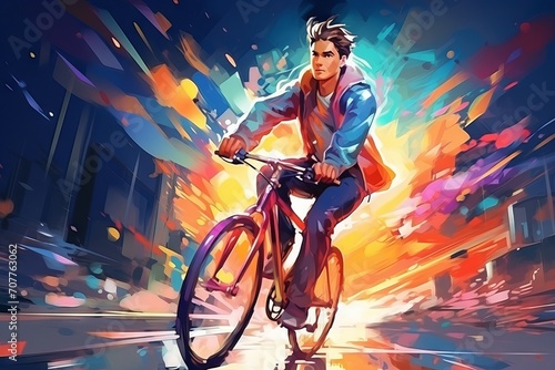 Young man riding a bicycle with a colorful energy, digital art style, illustration painting photo