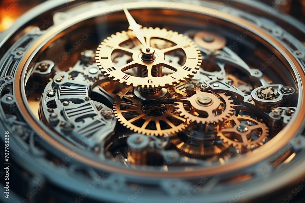 Macro clock with gears and mechanisms, creative idea. Teamwork. Vintage watch