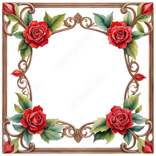 Watercolor square vintage Victorian flower rose frame wreath border isolated clipart for greeting deoration photo