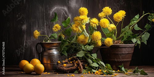 still life with daffodils and eggs, Bouquet of doronicum flowers ( sunflower family )in a transparent glass flower vase. Summer flowers in old cup on wooden wall, generative AI

 photo