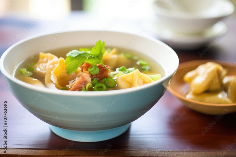 Φωτογραφία side view of wonton soup with focus on wontons