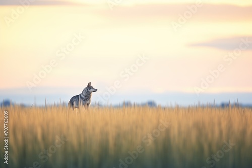 a distant wolf howling on a serene prairie at sunset © stickerside
