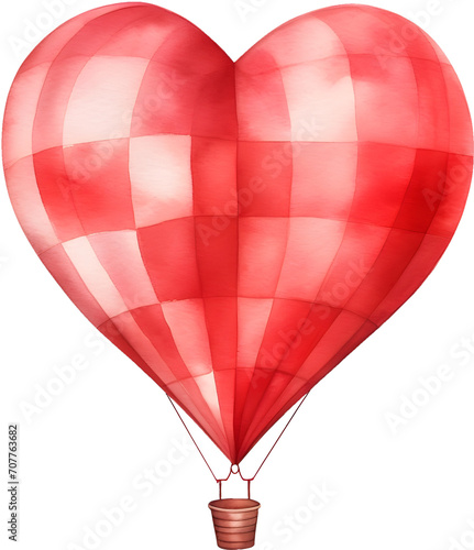 Watercolor clipart of a red heart-shaped watercolor hot air balloon for love valentine decoration design