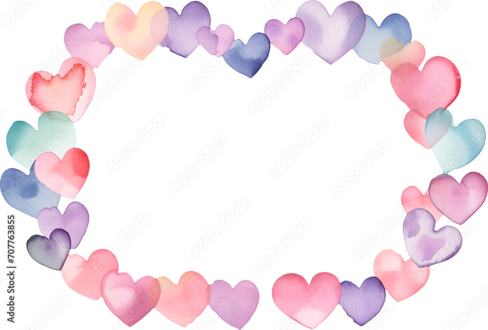 Watercolor cute pastel heart frame border for romantic love banner template card invitation design