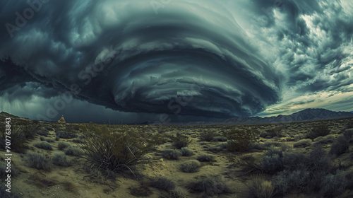A dark swirling storm cloud formation over a desolate desert landscape creating an eerie and foreboding atmosphere. © Peter