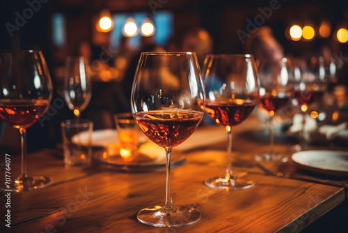 Exquisite Dining Ambiance. Captivating Close-up of Lavish Wine Glasses on Elegantly Adorned Table