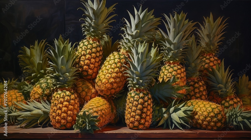 A large pile of photorealistic pineapples on a table with a rich texture A large pile of photorealistic pineapples on a table with a rich texture