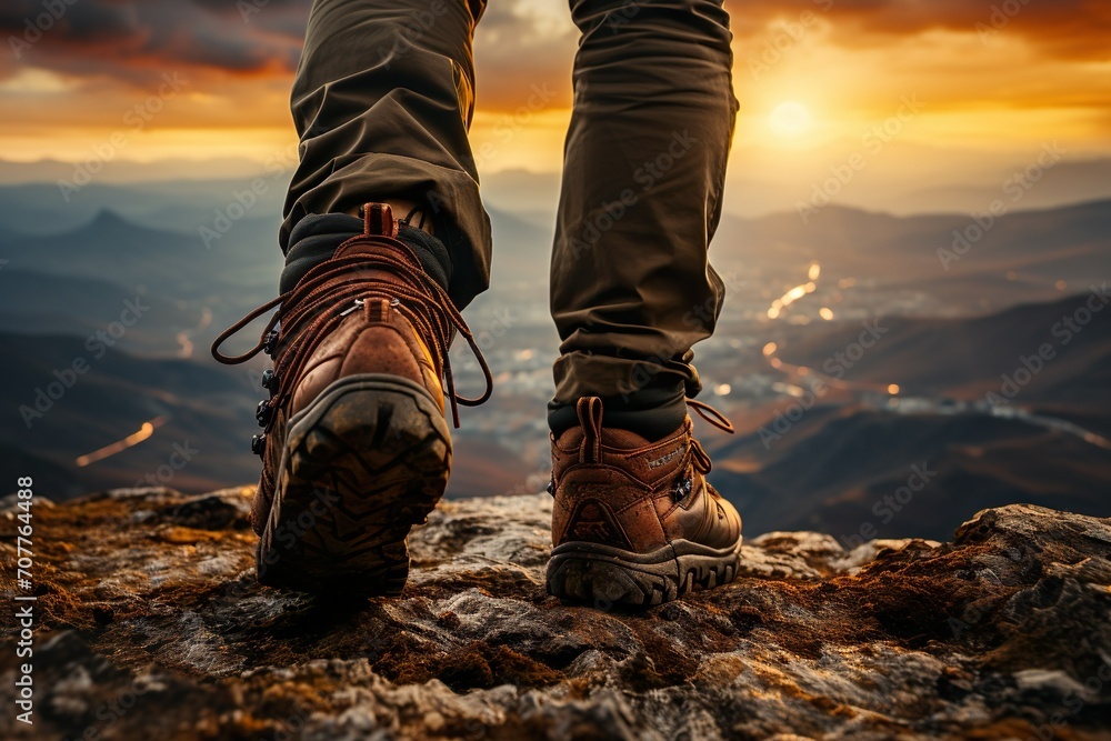 Feet of hiker in hiking shoes walk on the mountain range in sunset Feet of hiker in hiking shoes walk on the mountain range in sunset