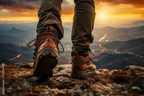 Feet of hiker in hiking shoes walk on the mountain range in sunset