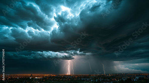 A dramatic scene of a severe thunderstorm approaching a city with dark ominous clouds and visible lightning strikes.