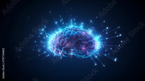 Neon Human Brain in Deep Blue Color. Luminous Mind Map with Neural Glow. Artificial Intelligence and Futuristic Digital Technology Concept Art. AI Generated.
