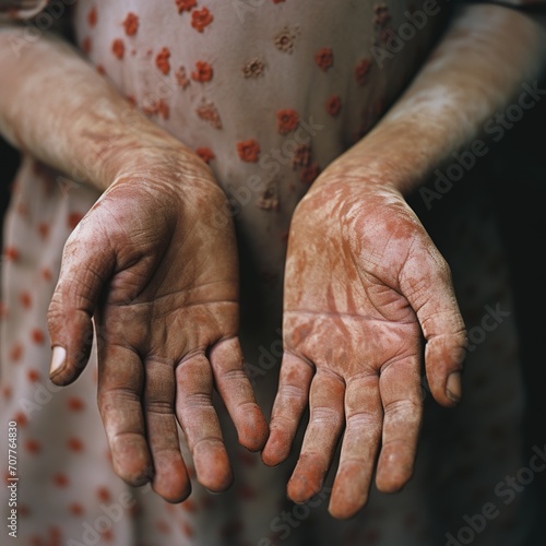 World Leprosy Day. Hands of a man suffering from leprosy. Close-up. Hansen's disease photo