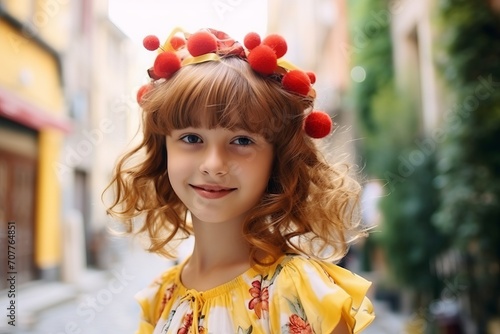 Portrait of a beautiful little girl in a wreath on her head