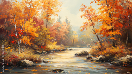 River in the autumn forest landscape painting