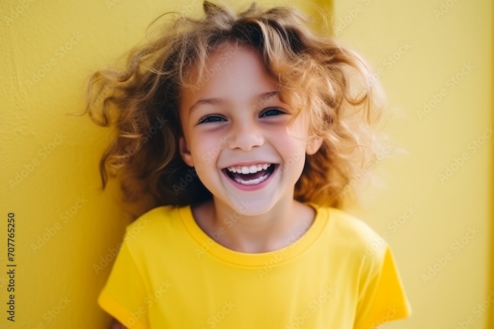 Portrait of a smiling little girl with curly hair against yellow wall Portrait of a smiling little girl with curly hair against yellow wall